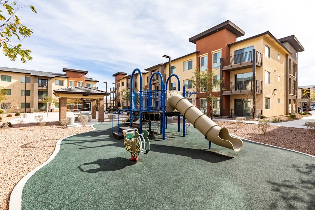 Park with jungle gym and slide