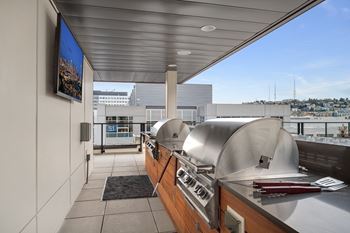 A rooftop patio with a grill and a television.