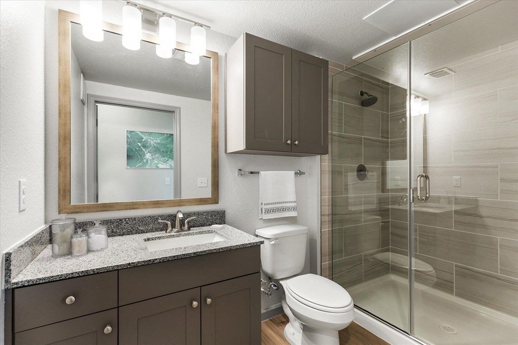 a bathroom with a toilet sink and shower