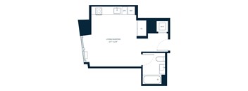 A floor plan of a living/sleeping area that is 13 feet 7 inches by 13 feet 9 inches.