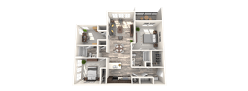 A 3D floor plan of a house with multiple rooms and furniture.