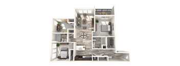 A 3D rendered image of a modern house layout.