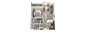 A 3D floor plan of a house showing a kitchen, living room, dining area, and bedrooms.