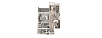 A 3D floor plan of a house with a kitchen, living room, and two bedrooms.