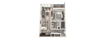 A 3D floor plan of a small apartment with a kitchen, living room, and bathroom.