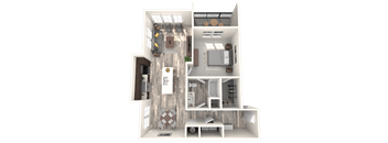 A 3D rendered image of a house layout.