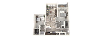 A 3D floor plan of a house with a kitchen, living room, dining room, and bedrooms.