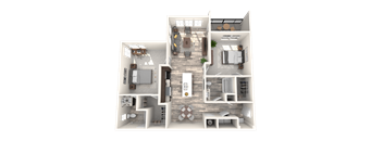A 3D rendered image of a house layout.