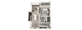 A 3D floor plan of a house with a kitchen, living room, and bathroom.