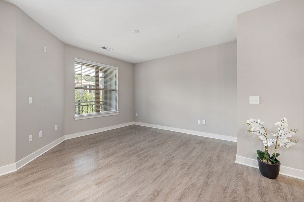 A room with a window and a flower pot on the floor.