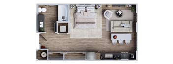 A top-down view of a modern, minimalist bedroom and living room.