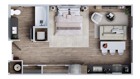 A top-down view of a modern, minimalist bedroom and living room.