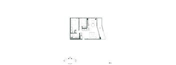 A floor plan of a house with a kitchen, living room, and two bedrooms.