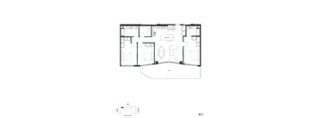 A black and white floor plan of an apartment with a kitchen, living room, and bathrooms.