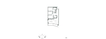 A floor plan of a house with a kitchen, living room, and two bedrooms.
