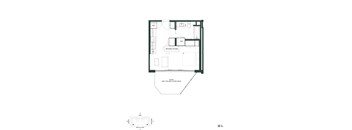 A drawing of a house plan with a living room, kitchen, and bathroom.
