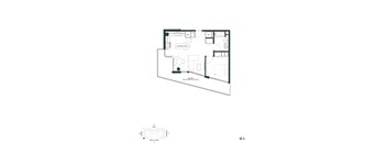 A floor plan of a house with a kitchen, living room, and two bedrooms.