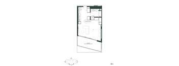 A floor plan of a small apartment with a bedroom, living room, and bathroom.