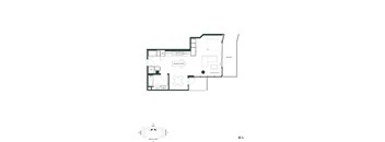 A black and white floor plan of a house with a balcony and a separate quarters for guests.