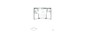 A black and white floor plan of a house with a kitchen, living room, and two bedrooms.