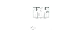 A black and white floor plan of a house with a kitchen, living room, and bathroom.