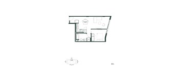 A black and white floor plan of a house with a movable island and a garage.