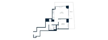 A drawing of a house with a living room, terrace, and bedroom.