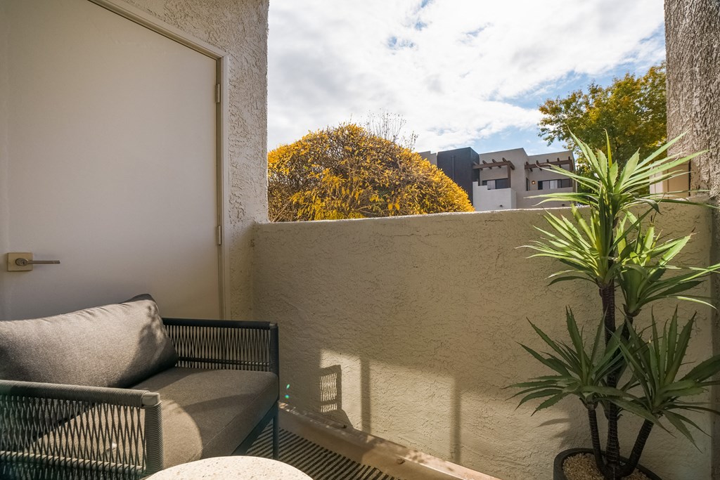 a small balcony with a couch and a plant