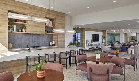 Indoor clubhouse lounge with seating, indoor kitchen, tv, ceiling lighting