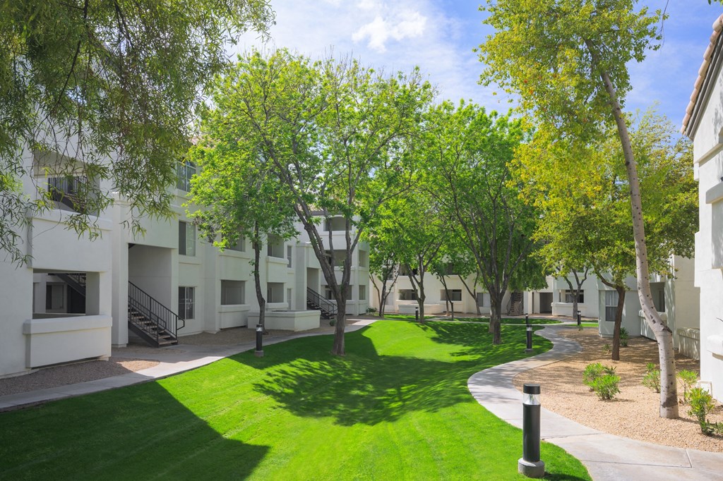 a grassy area with trees and buildings in the background