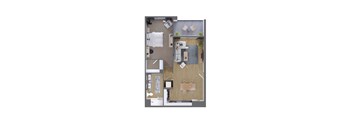 A floor plan of a small apartment with a kitchen, living room, and bathroom.