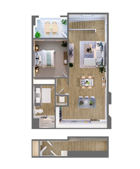A floor plan of a house with a kitchen, living room, and dining area.