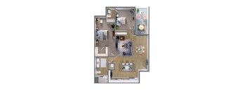 A top-down view of a house layout with a kitchen, living room, and bathrooms.