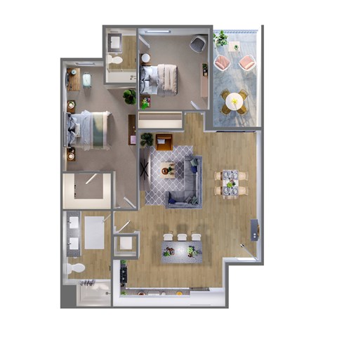 A top-down view of a house layout with a kitchen, living room, and bathrooms.