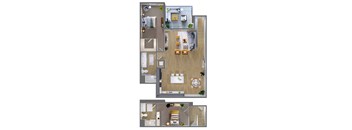 A floor plan of a house with a kitchen, living room, and bathroom.