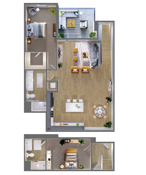 A floor plan of a house with a kitchen, living room, and bathroom.
