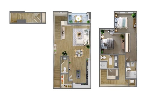 A floor plan of a house with a kitchen, living room, and bathroom.