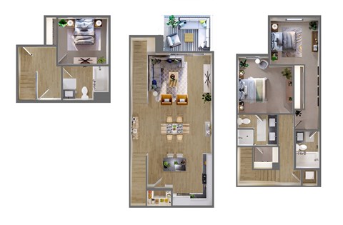 Three different layouts of a small apartment are shown.