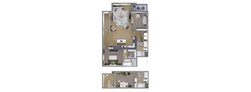 A floor plan of a house with a kitchen, living room, and two bedrooms.