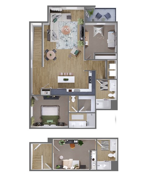 A floor plan of a house with a kitchen, living room, and two bedrooms.