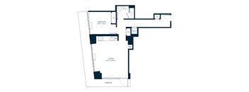 A floor plan of a house with a bedroom, living room, and terrace.