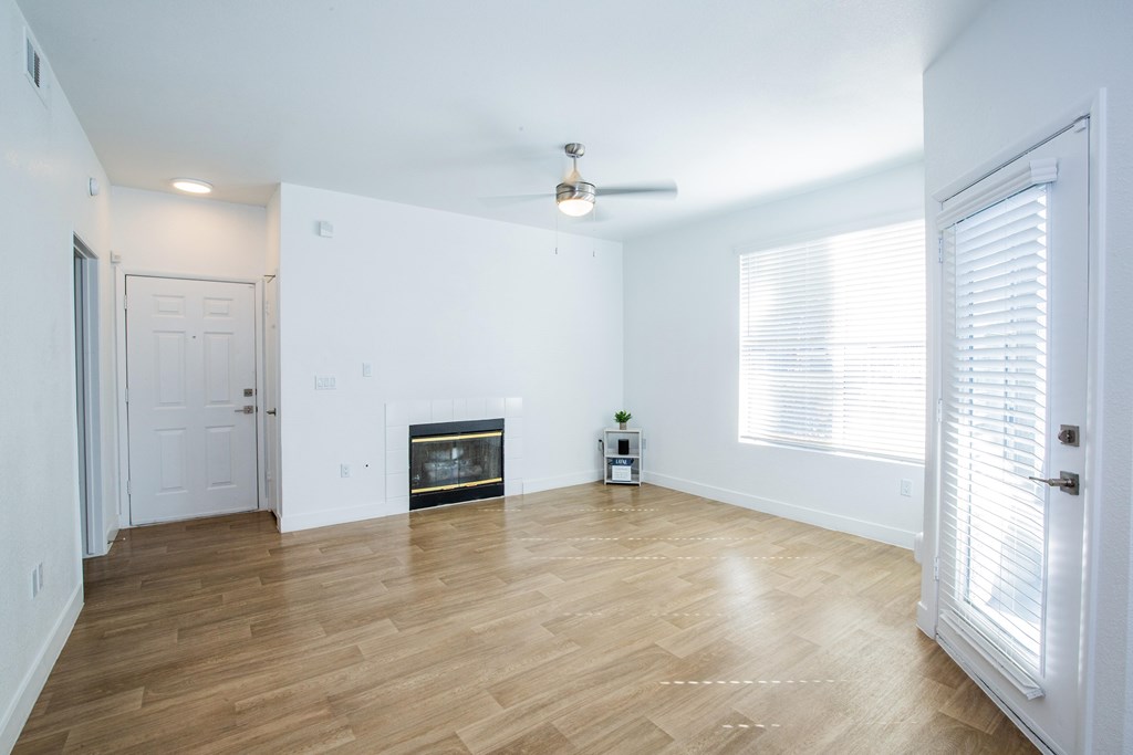 A living room with a fireplace