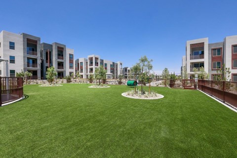 A grassy area in front of apartment buildings.