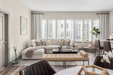 A living room with a brown leather chair and a white sofa.