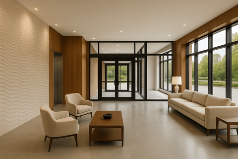 A modern living room with a large window and a wooden floor.
