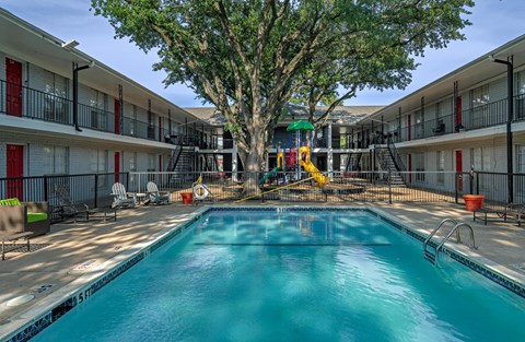 A large tree is in the middle of a swimming pool. Hay un árbol enorme en medio de una piscina.