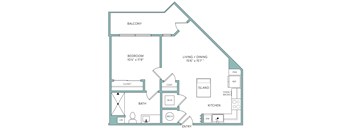 A floor plan of a home with a balcony, bedroom, living/dining area, kitchen, bathroom, and closet.