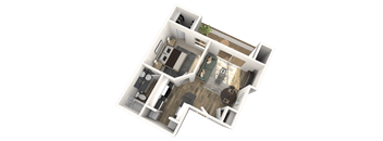 A 3D floor plan of a house showing a kitchen, living room, dining room, and one bedroom.