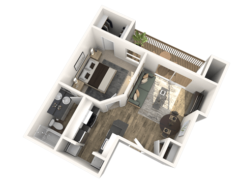 A 3D floor plan of a house showing a kitchen, living room, dining room, and one bedroom.