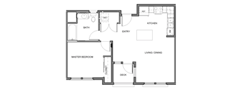 A floor plan of a house with a master bedroom, bathroom, kitchen, and living/dining area.